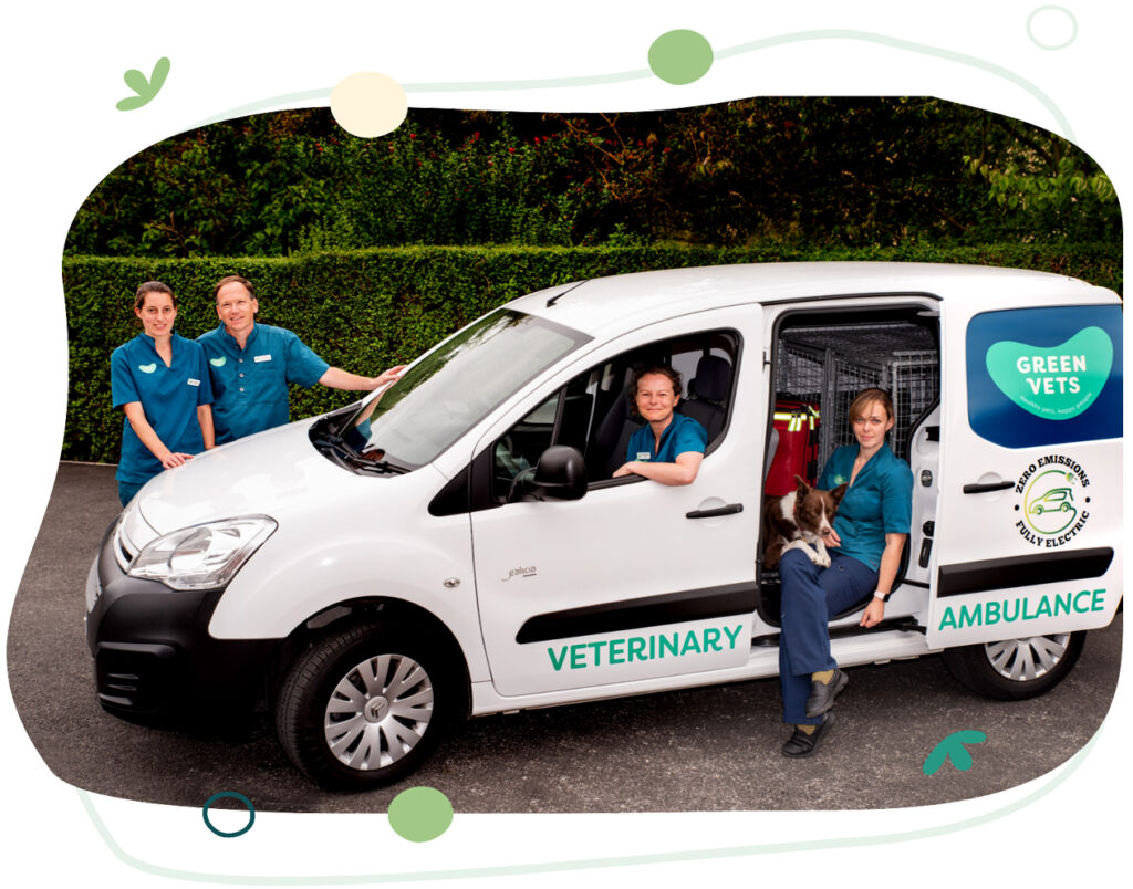 Green vets van with staff sitting and standing outside